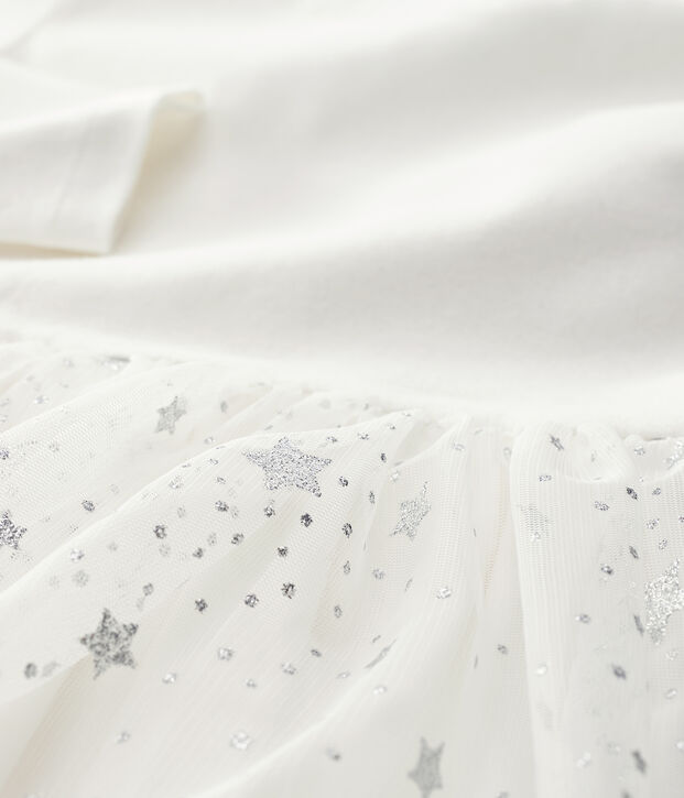 Vestido de manga larga de algod&oacute;n y tul de ni&ntilde;a blanco/gris